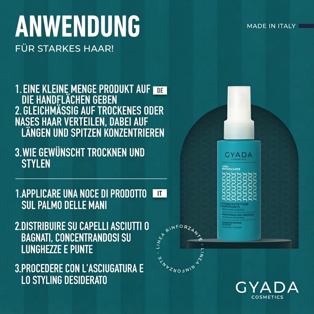 Anwendungshinweise für ein Haarpflegeprodukt mit Abbildung eines Pumpsprühflakons.