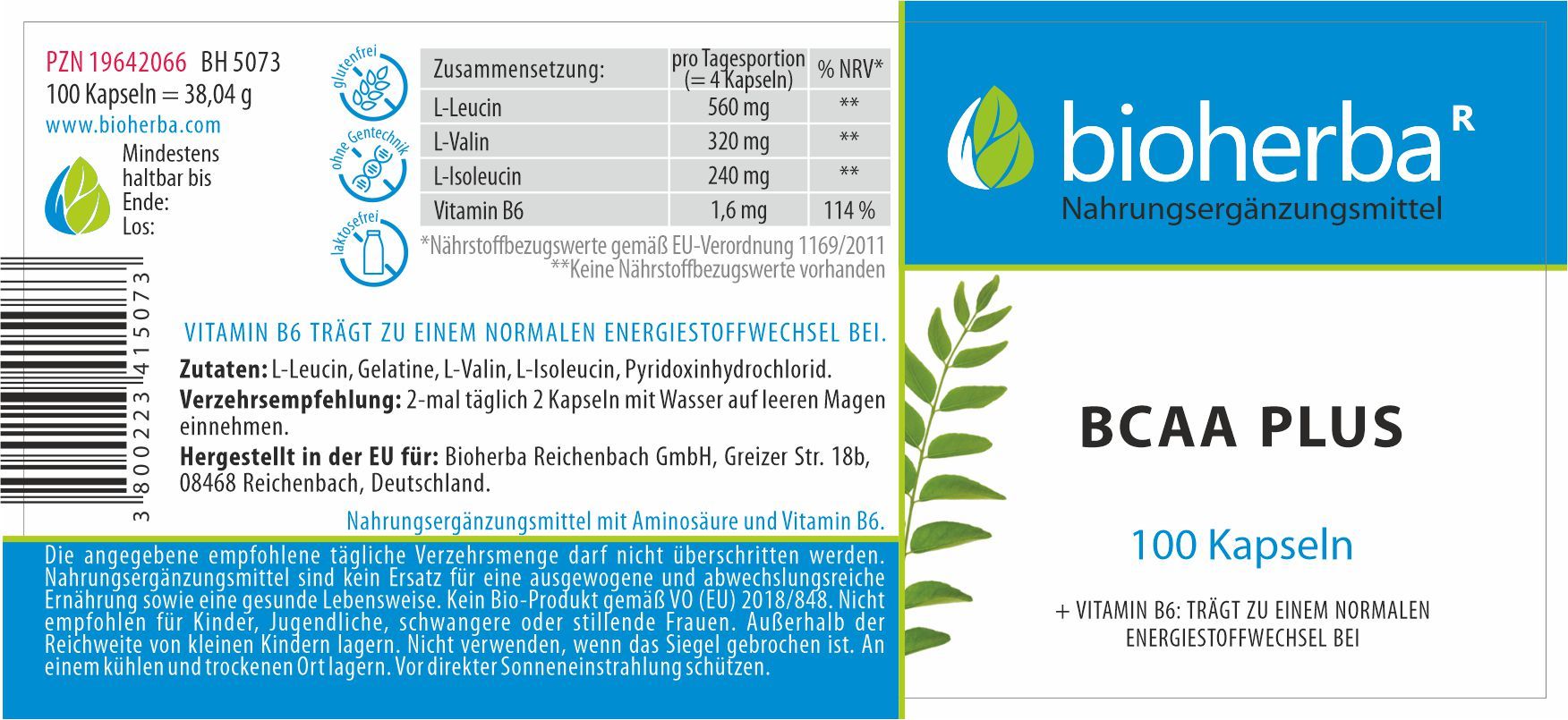 Etikett mit "bioherba" Logo, "BCAA PLUS", und "100 Kapseln". Enthält Informationen zu Inhaltsstoffen und Nährwerten.