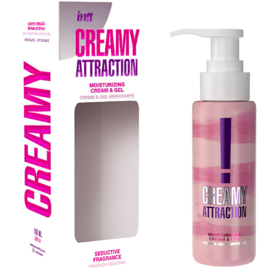 Flasche mit Spender neben Verpackung. Rosa-weiß gestreift, lila Ausrufezeichen, Schriftzug "Creamy Attraction". Verpackung mit Produktnamen und Logo.