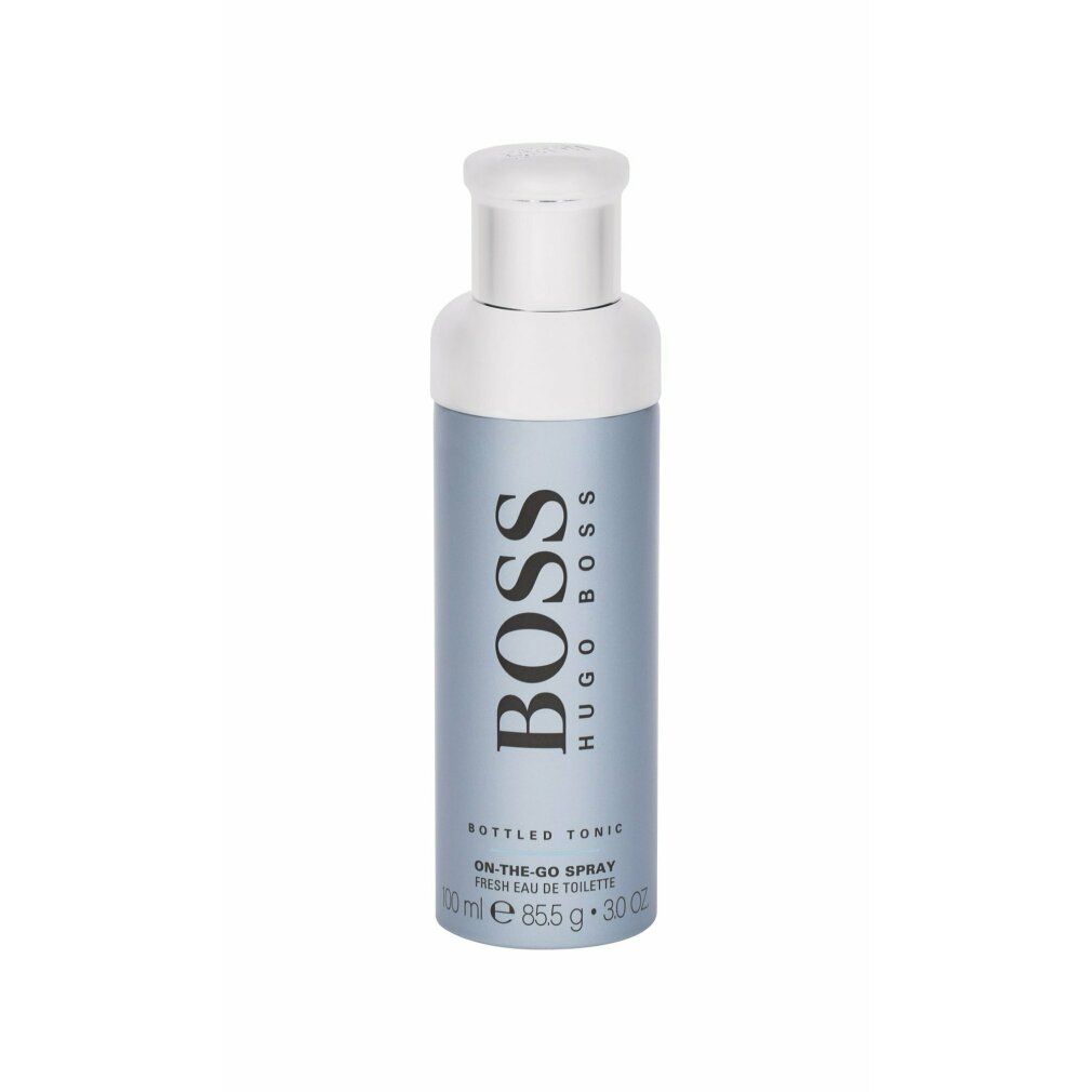 Hugo Boss Boss Bottled Tonic. Silberfarbener Flakon mit weißem Deckel. Produktname und Schriftzug auf dem Flakon.