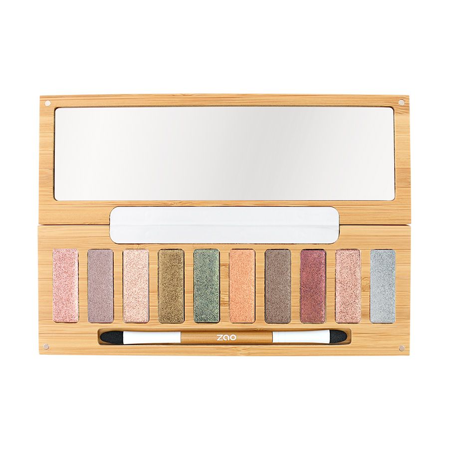 Make-up Palette mit 10 Farben und Spiegel. Holzgehäuse mit Pinsel. Farben: Rosa, Lila, Gold, Grün, Orange, Braun, Rot, Silber.