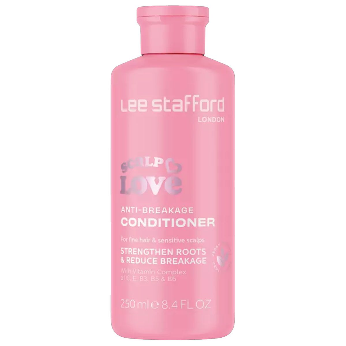 Eine rosa Flasche Lee Stafford Scalp Love Anti-Breakage Conditioner, 250ml.