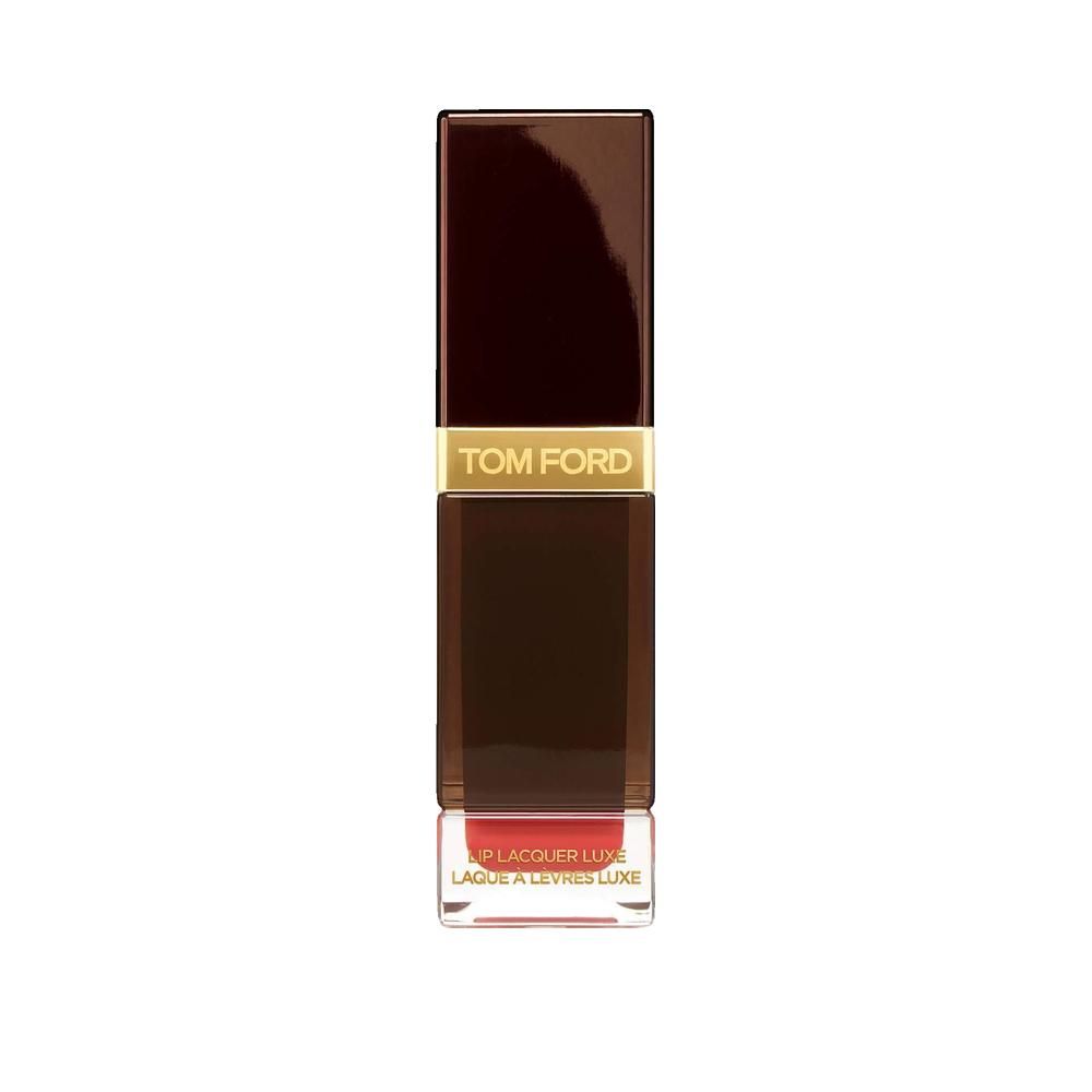 Tom Ford Lippenstift. Rechteckige Form, dunkelbrauner Deckel, goldener Ring mit Markenname. Unterteil mit Produktfarbe.