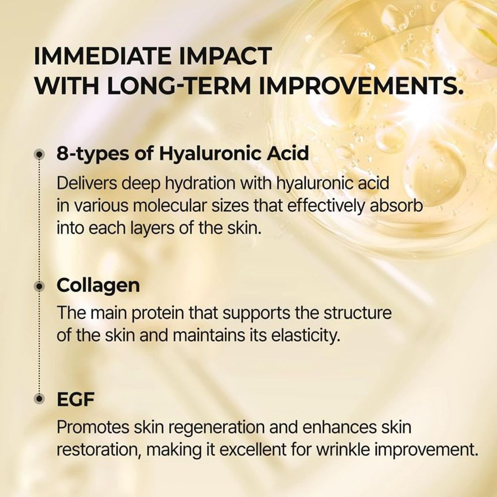 Text mit Informationen zu Inhaltsstoffen: Hyaluronsäure, Kollagen und EGF. Hintergrund mit gelben Tropfen.