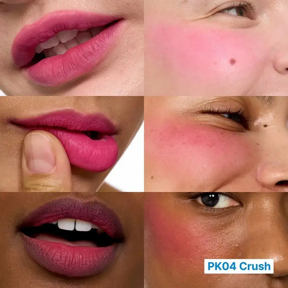 Verschiedene Gesichter mit Lippen und Wangen in Rosa. Text: PK04 Crush.