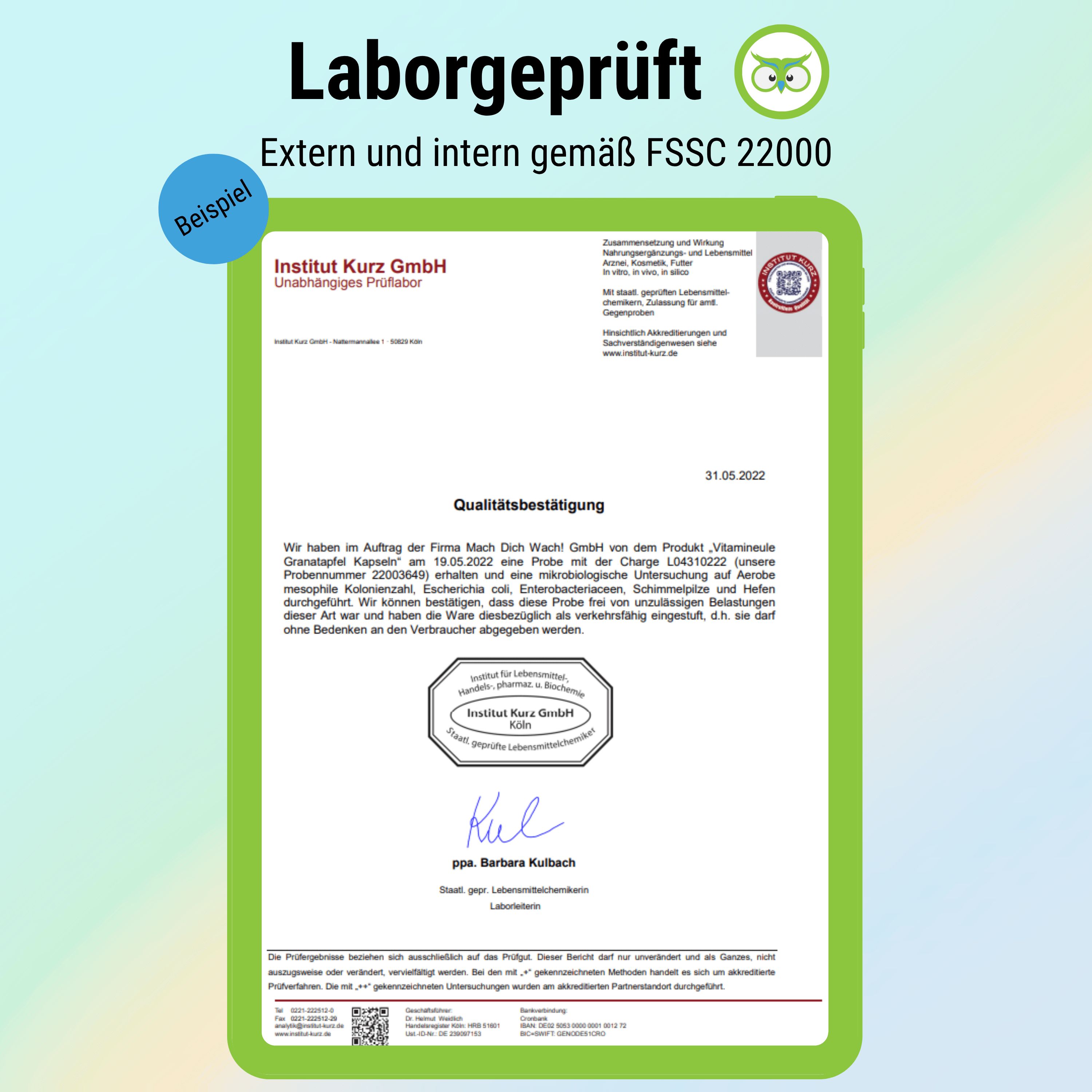 Zertifizierungsdokument. Laborgeprüft gemäß FSSC 22000. Beispiel: Institut Kurz GmbH, Qualitätsbestätigung, Chargennummer, etc.