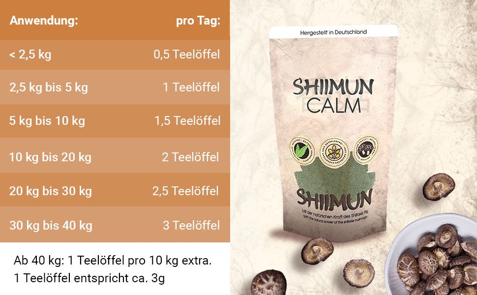 Shiimun Calm-Beutel und Shiitake-Pilze. Dosierungstabelle. Text: Anwendung, pro Tag, bis 40 kg. Hergestellt in Deutschland.