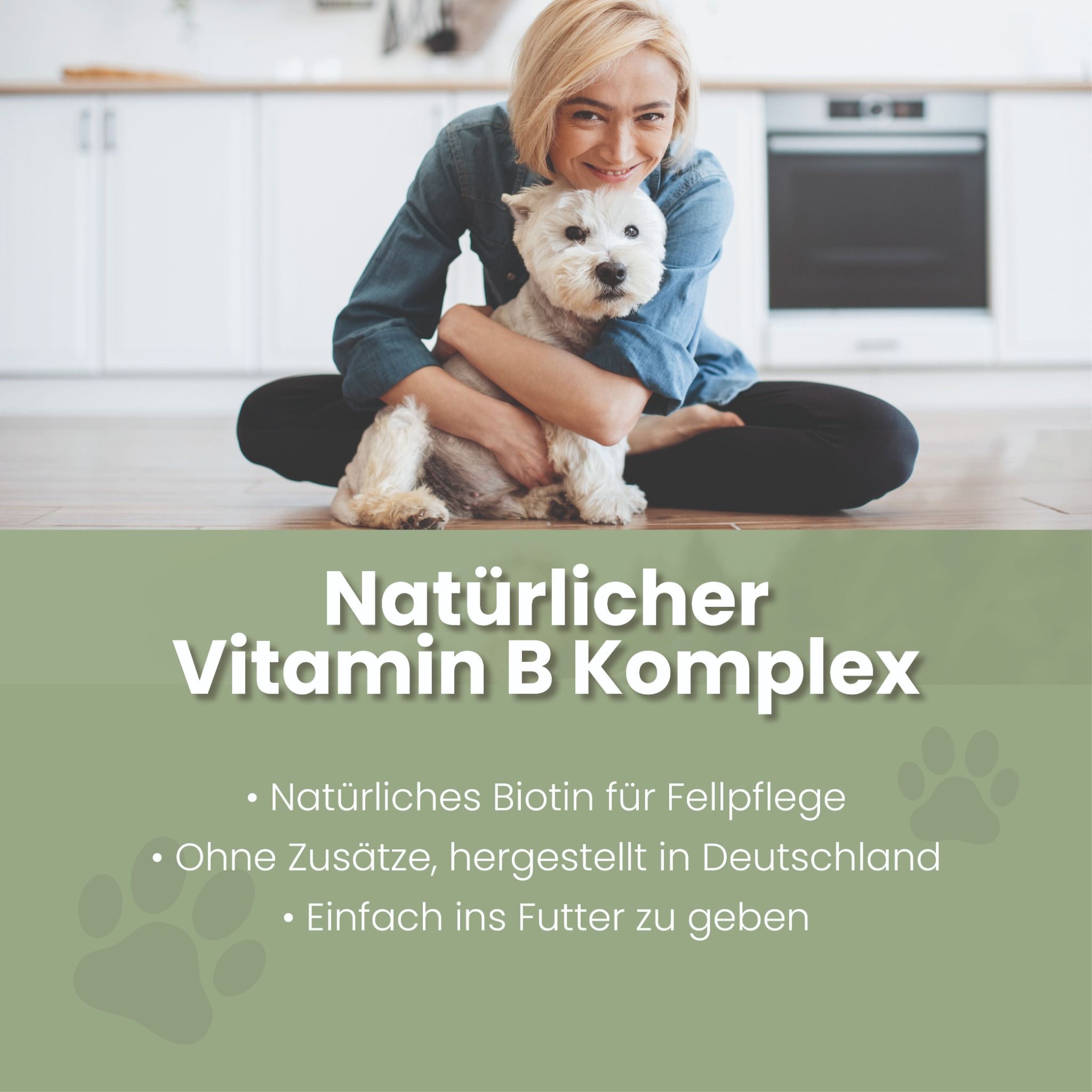 Frau umarmt einen Hund, Text: Natürlicher Vitamin B Komplex für Fellpflege.