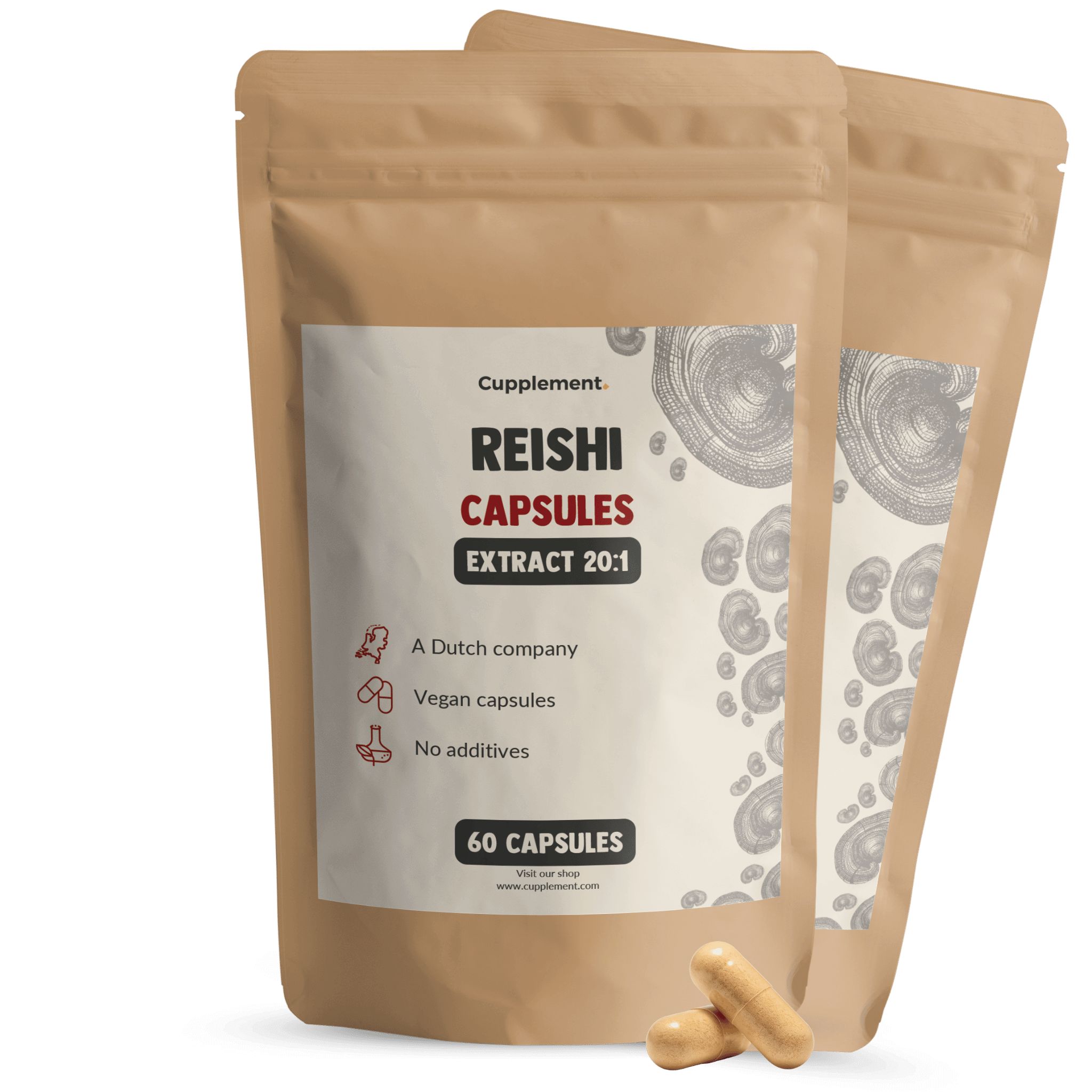 Zwei Beutel Cupplement Reishi-Kapseln. Aufschrift: Reishi Capsules, 60 Kapseln. Braune Kapseln liegen daneben.