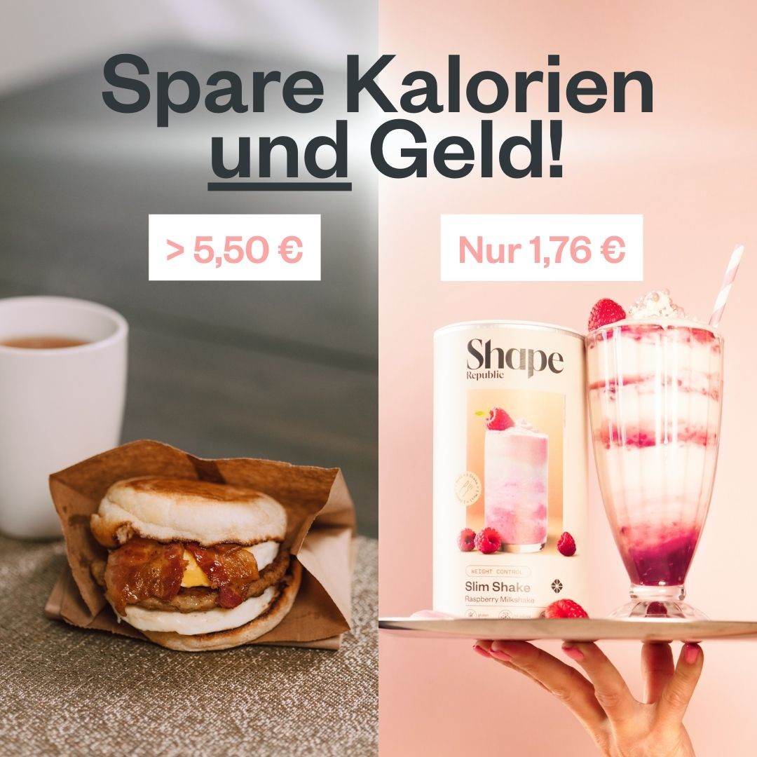 Vergleich: Mahlzeit vs. Shake. Links: Burger. Rechts: Shake mit Himbeeren. Text: Spare Kalorien und Geld!