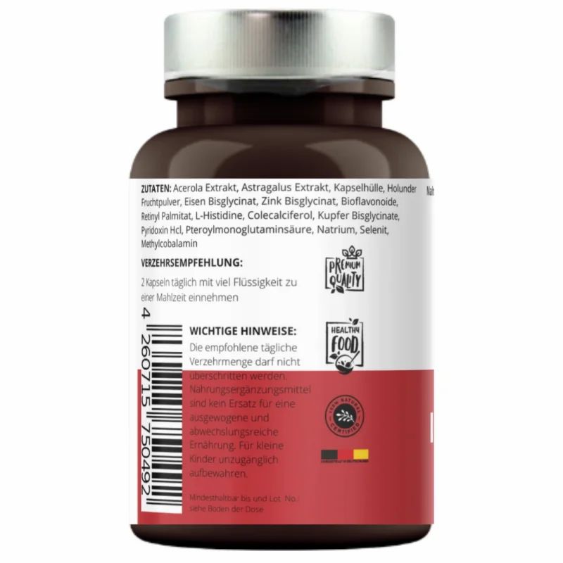 Rückseite der Flasche mit Inhaltsstoffen und Verzehrempfehlung. "Premium Quality" und "Healthy Food" Logos.