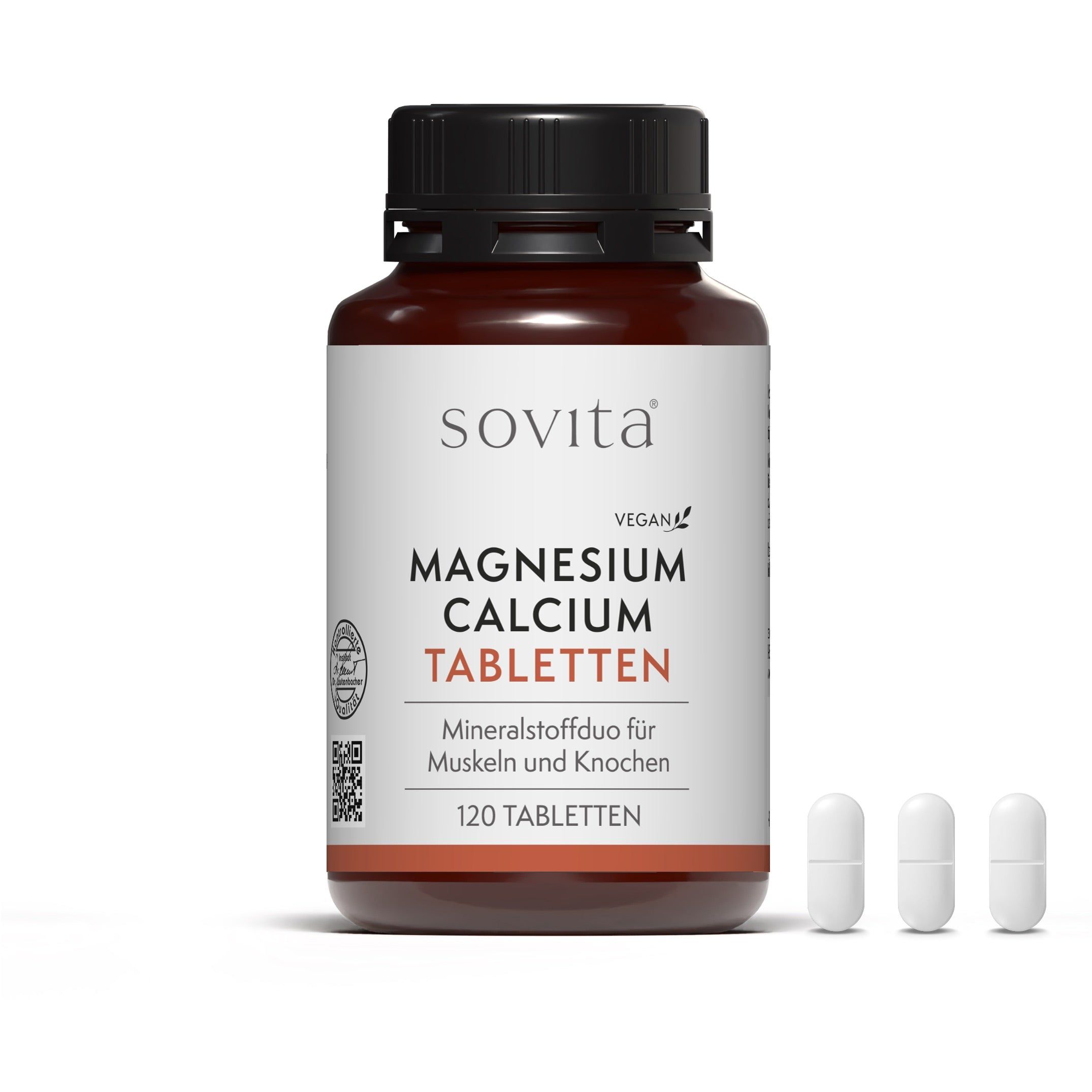 Flasche SoVita® Magnesium Calcium Tabletten mit 3 Kapseln daneben. Text: Vegan, 120 Tabletten, Mineralstoffduo.