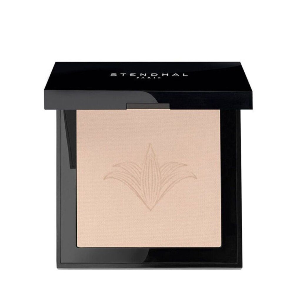 Kompaktpuder mit schwarzem Deckel. Marke Stendhal Paris. Helles Puder mit floralem Muster. Quadratische Form.