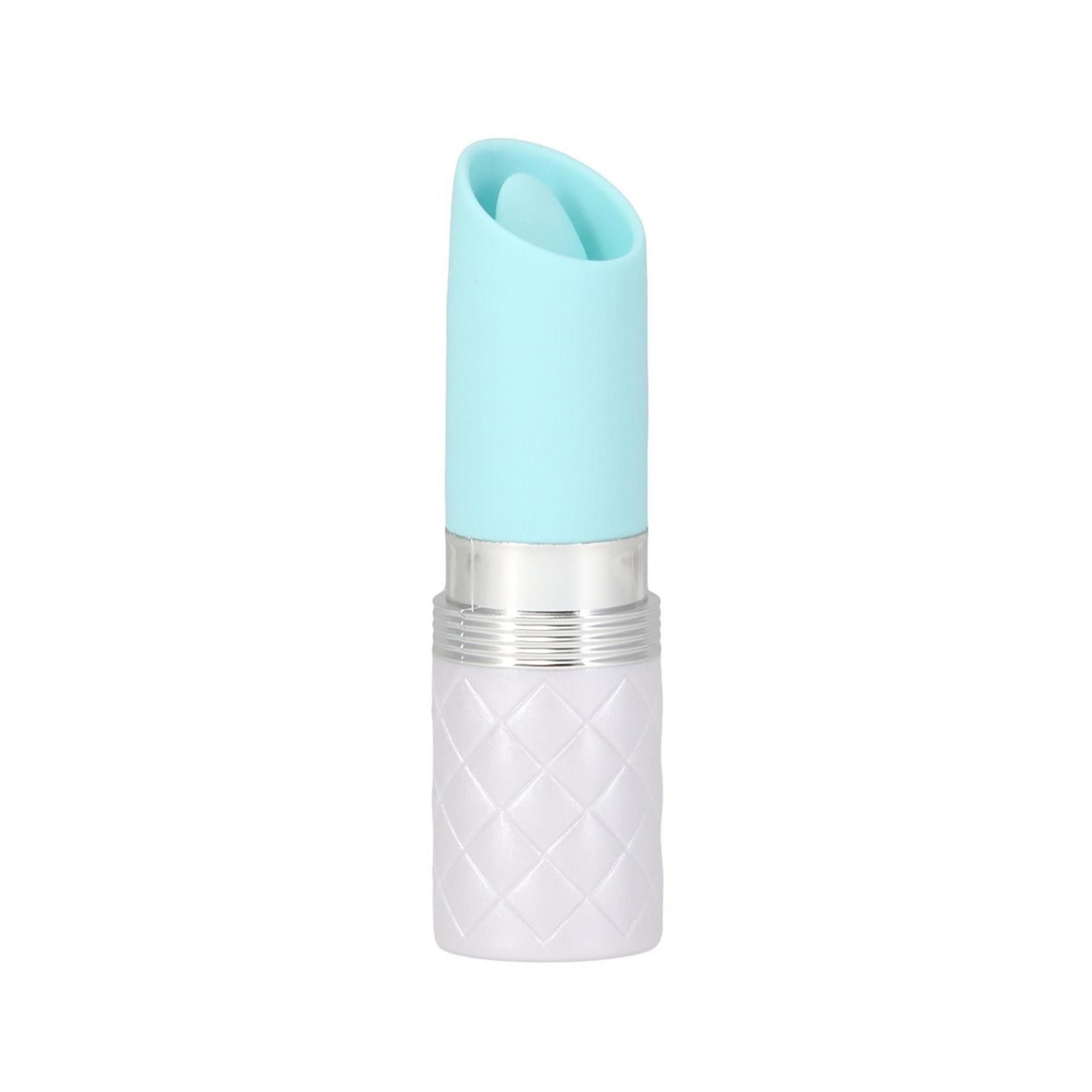 Lippenstift-Vibrator in Hellblau mit silbernem Ring und Rautenmuster.