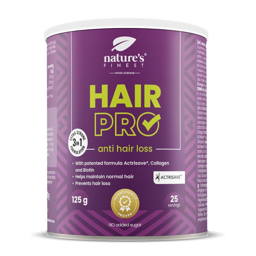 Runde Dose mit "Nature's Finest Hair Pro - gegen Haarausfall". Lila Dose mit grünem Text. Enthält 125g und 25 Portionen.