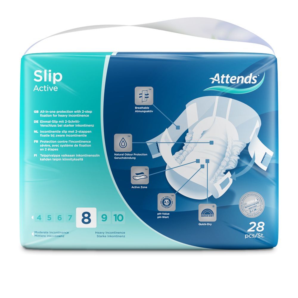 Attends Slip Active 8 L. Packung mit Inkontinenzprodukten. Größe 8, 28 Stück. Produktmerkmale sind abgebildet.