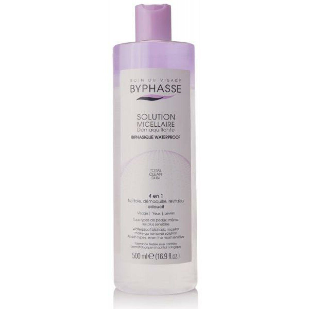 Flasche mit lila Verschluss. Aufschrift: BYPHASSE, SOLUTION MICELLAIRE, DEMAQUILLANTE, BIFASIQUE WATERPROOF. 4 en 1.