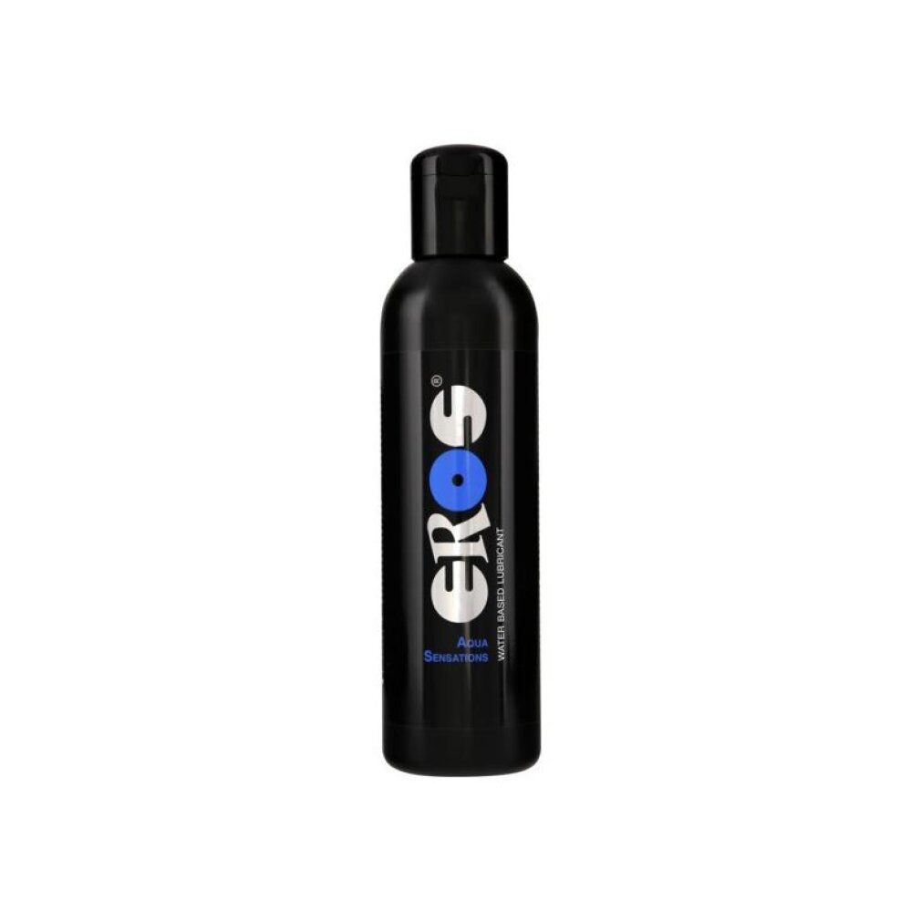 Schwarze Flasche mit EROS Aqua Sensations Gleitgel auf Wasserbasis.