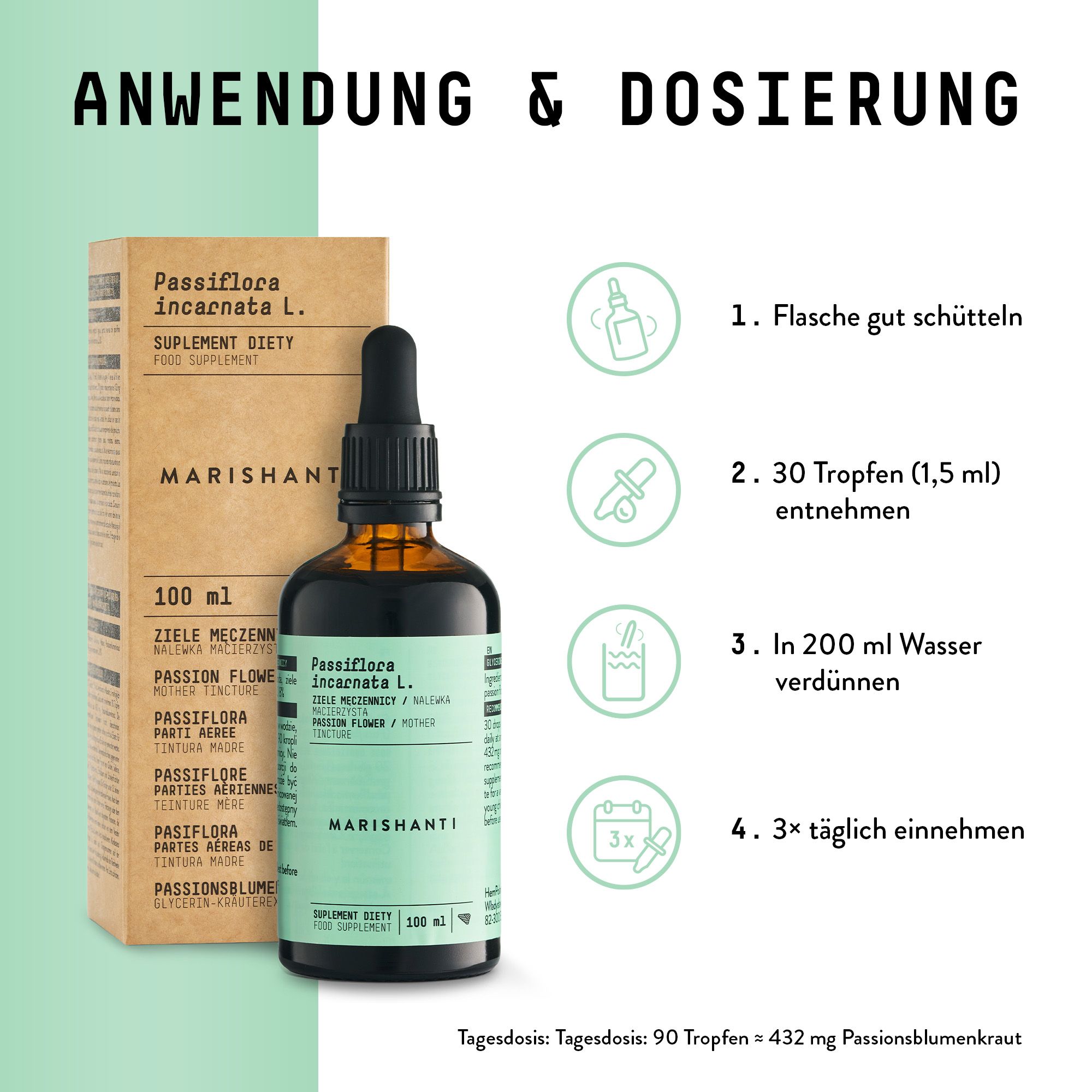 Braune Flasche mit Tropfer, daneben Verpackung. Text: Marishanti, Passionsblume Extrakt, 100 ml. Anwendung & Dosierung.
