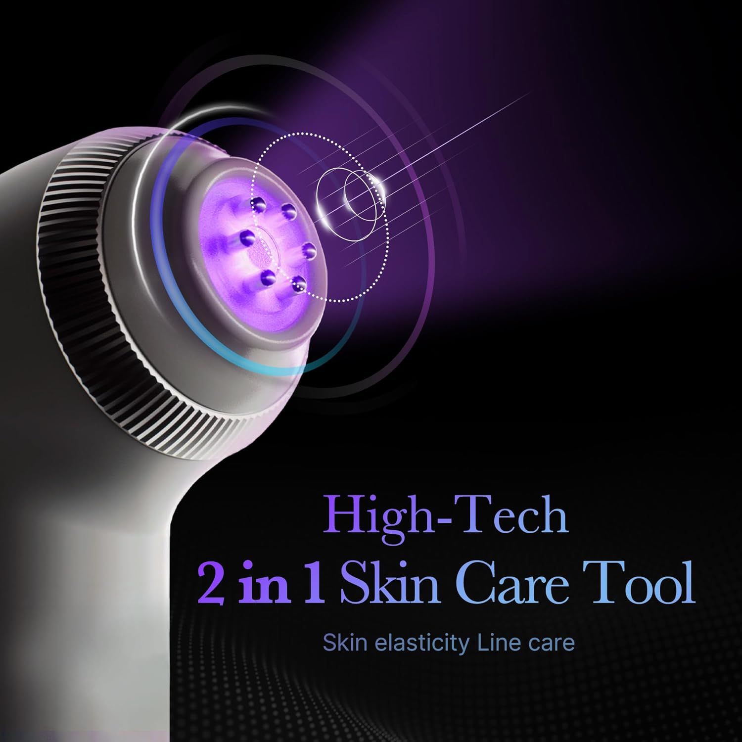 Weißes Hautpflegegerät mit violettem Licht. Text: High-Tech 2-in-1 Hautpflegegerät. Hautelastizität.