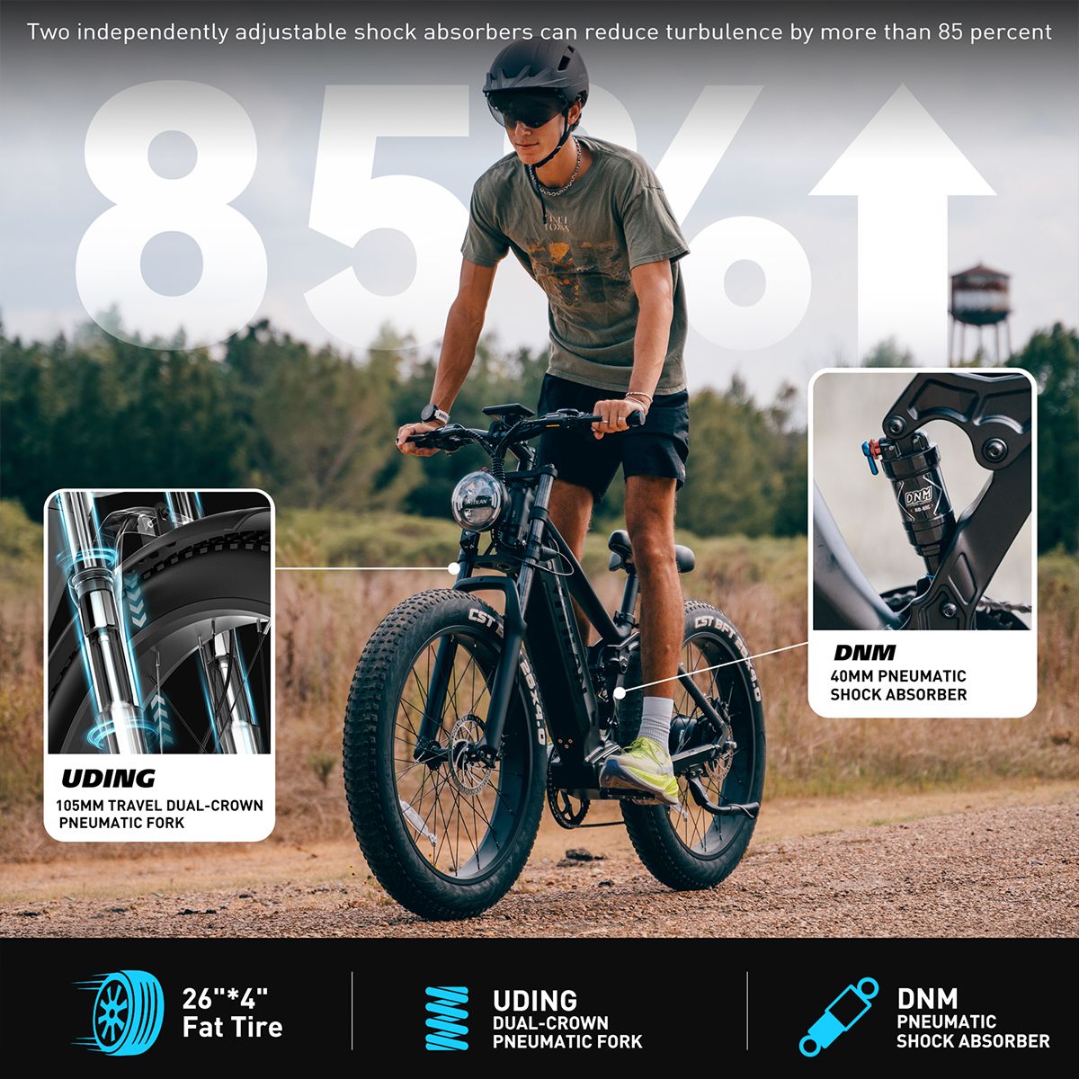 E-Bike mit 26"*4" Fat Tire. UDING Dual-Crown Pneumatische Gabel. DNM 40mm Pneumatische Stoßdämpfer. Fahrer auf dem Fahrrad.