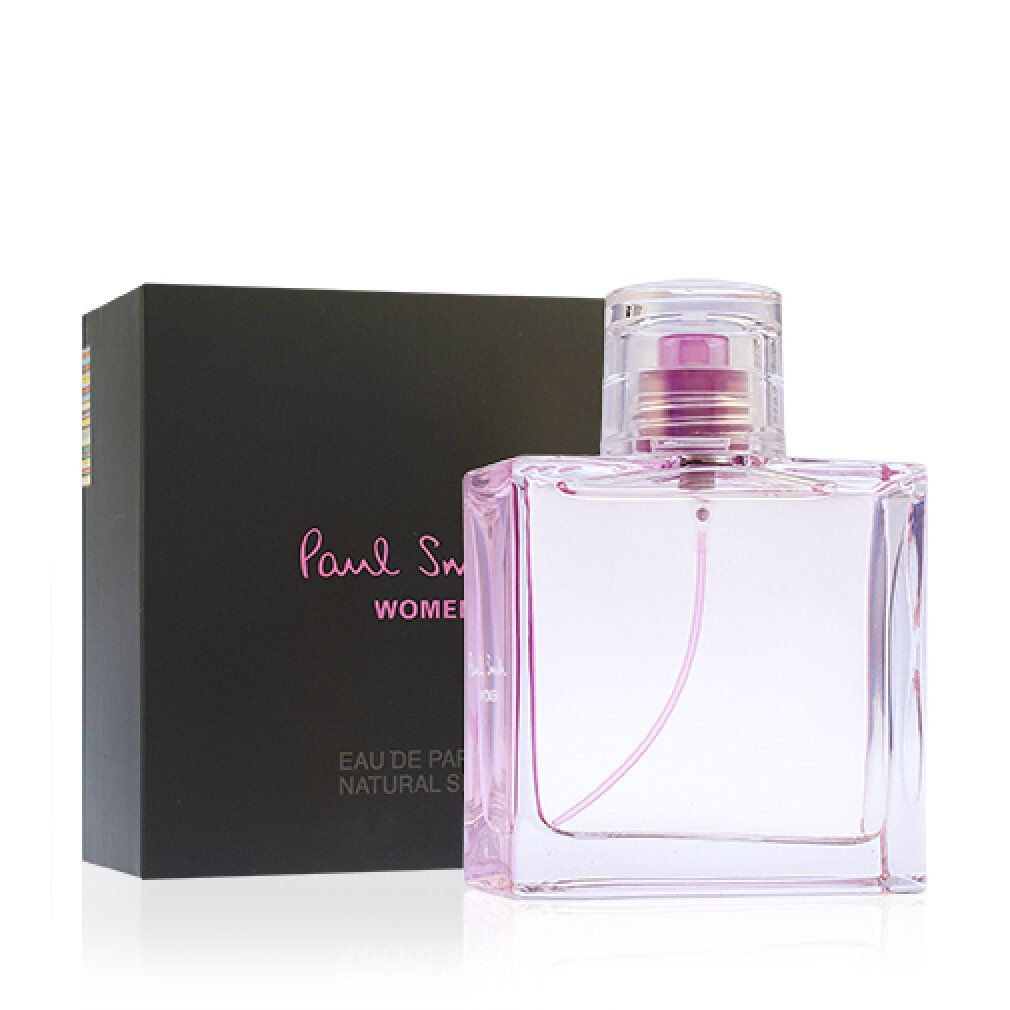 Glasflakon und Schachtel. Rechteckiger Glasflakon mit rosa Flüssigkeit und Sprühkopf. Schwarze Schachtel mit rosa Schriftzug: Paul Smith Women.