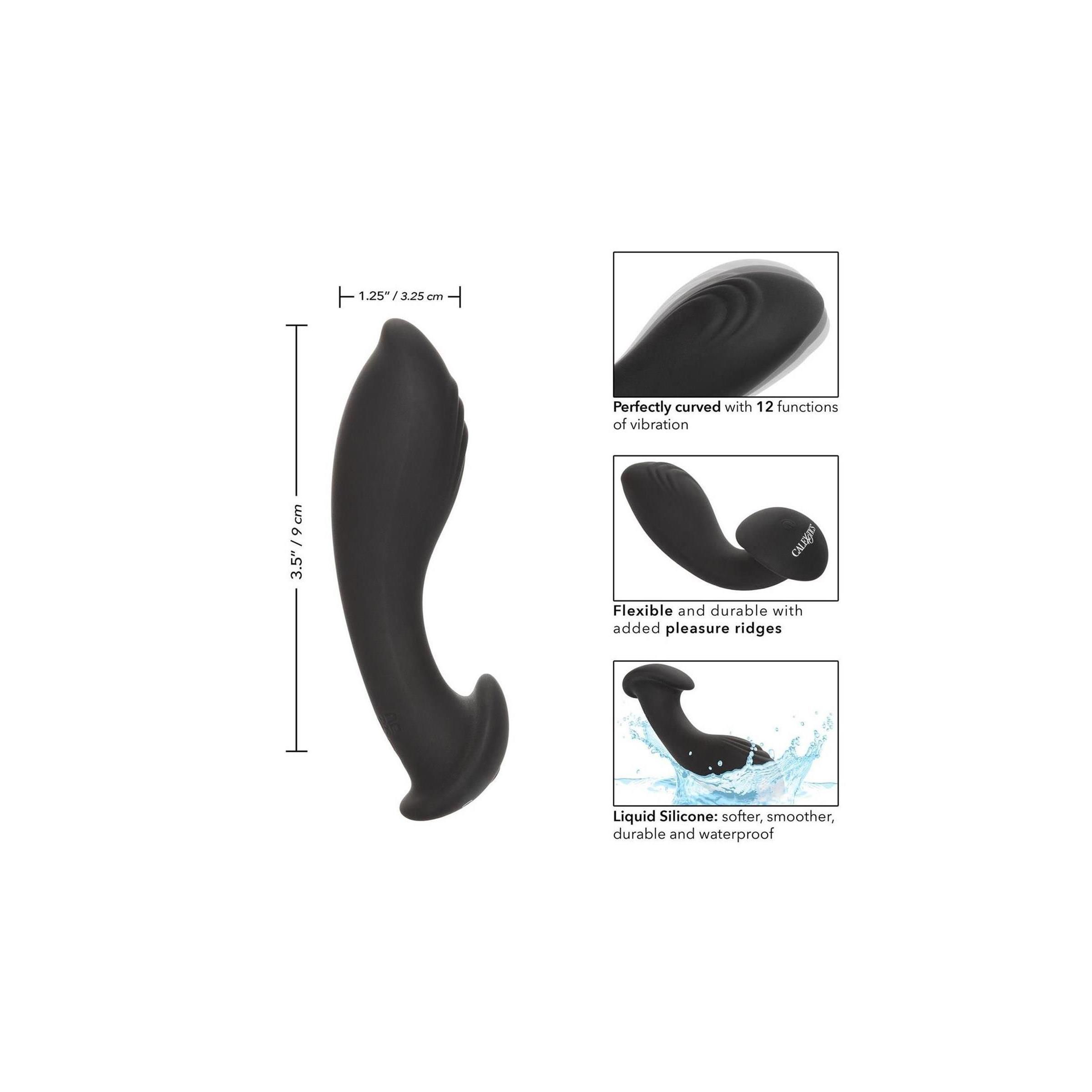 Schwarzes Analspielzeug mit Maßangaben. 9 cm lang, 3,25 cm breit. Text: Liquid Silicone, 12 Funktionen.