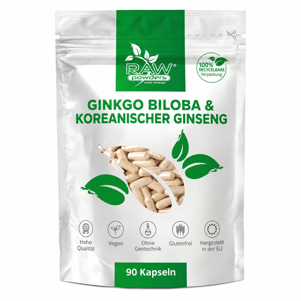 Standbodenbeutel mit 90 Kapseln Ginkgo Biloba & Koreanischer Ginseng von Raw Powders.