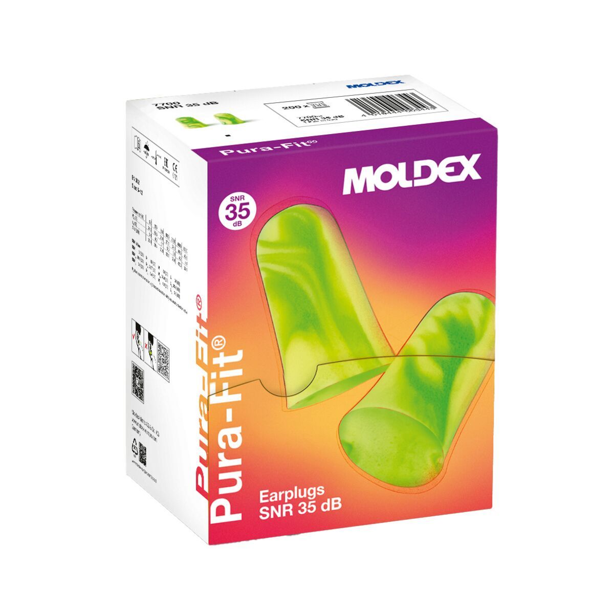 Verpackung von MOLDEX Pura-Fit Gehörschutzstöpseln. Box mit Produktabbildung und SNR 35 dB.