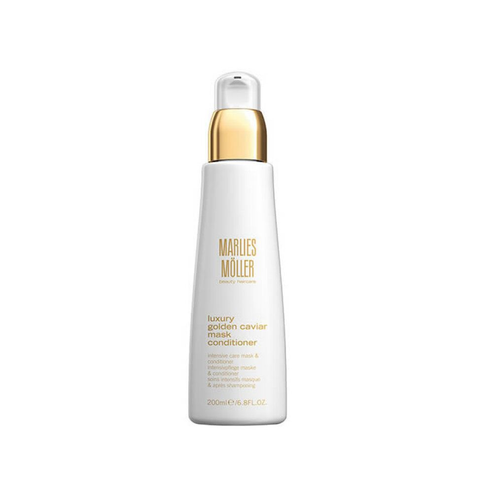 Weiße Flasche mit goldenem Deckel. Aufschrift: Marlies Möller, Luxury Golden Caviar Mask Conditioner. 200ml/6.8FL.OZ.