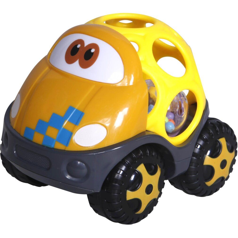 Gelbes Spielzeugauto mit schwarzen Reifen und gelbem Gitter. Blaue und gelbe Details. Augen-Design.