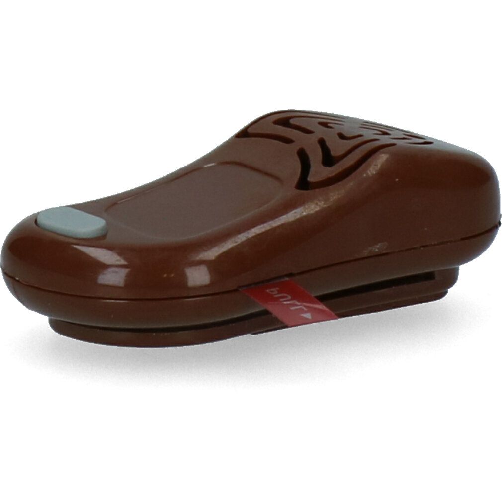 Braunes TICKLESS-Gerät. Mit grauem Knopf und rotem Zugband. Gehäuse mit Löchern.