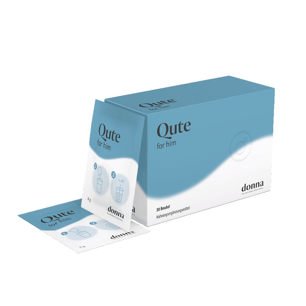 Produktverpackung mit geöffneter Schachtel und Beuteln. Aufschrift: Qute for him, donna. 30 Beutel.
