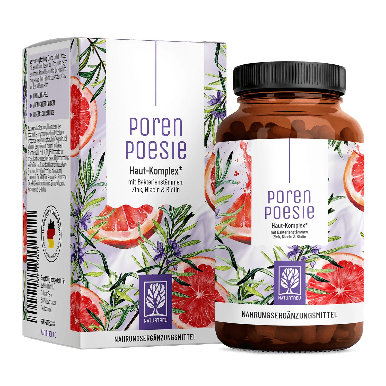 Braune Flasche und Schachtel mit Produktaufdruck. Aufschrift: Poren Poesie Haut-Komplex, 6 Bakterienstämme, Zink, Niacin & Biotin. NATURTREU® Logo.