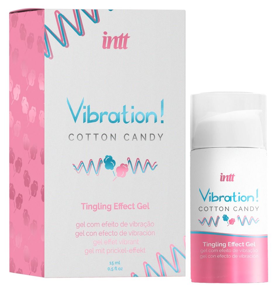 Produktverpackung und Flasche. Aufschrift: Vibration! Cotton Candy Tingling Effect Gel. Marke: INTT. 15 ml.