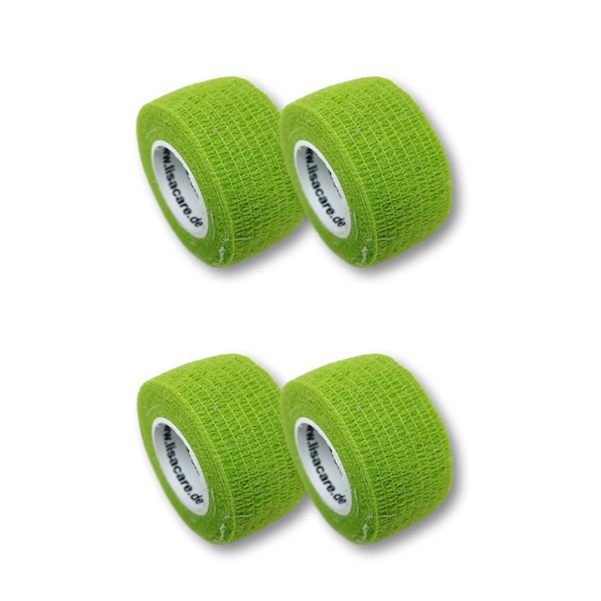 Vier Rollen hellgrünes Fingerpflaster. Aufschrift: lisaCare.de. Auf weißem Hintergrund.