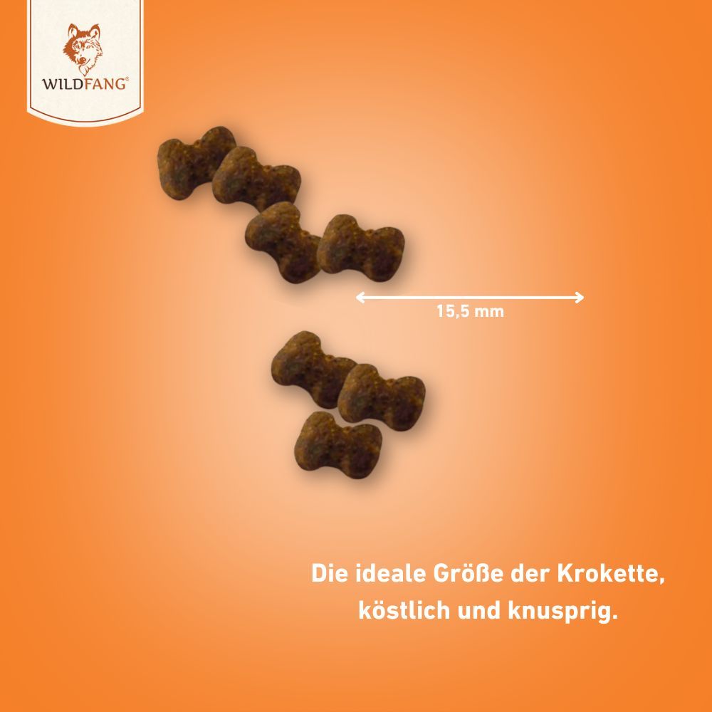 Kroketten in Knochenform, 15,5 mm groß. Text: Die ideale Größe der Kroketten, köstlich und knusprig.