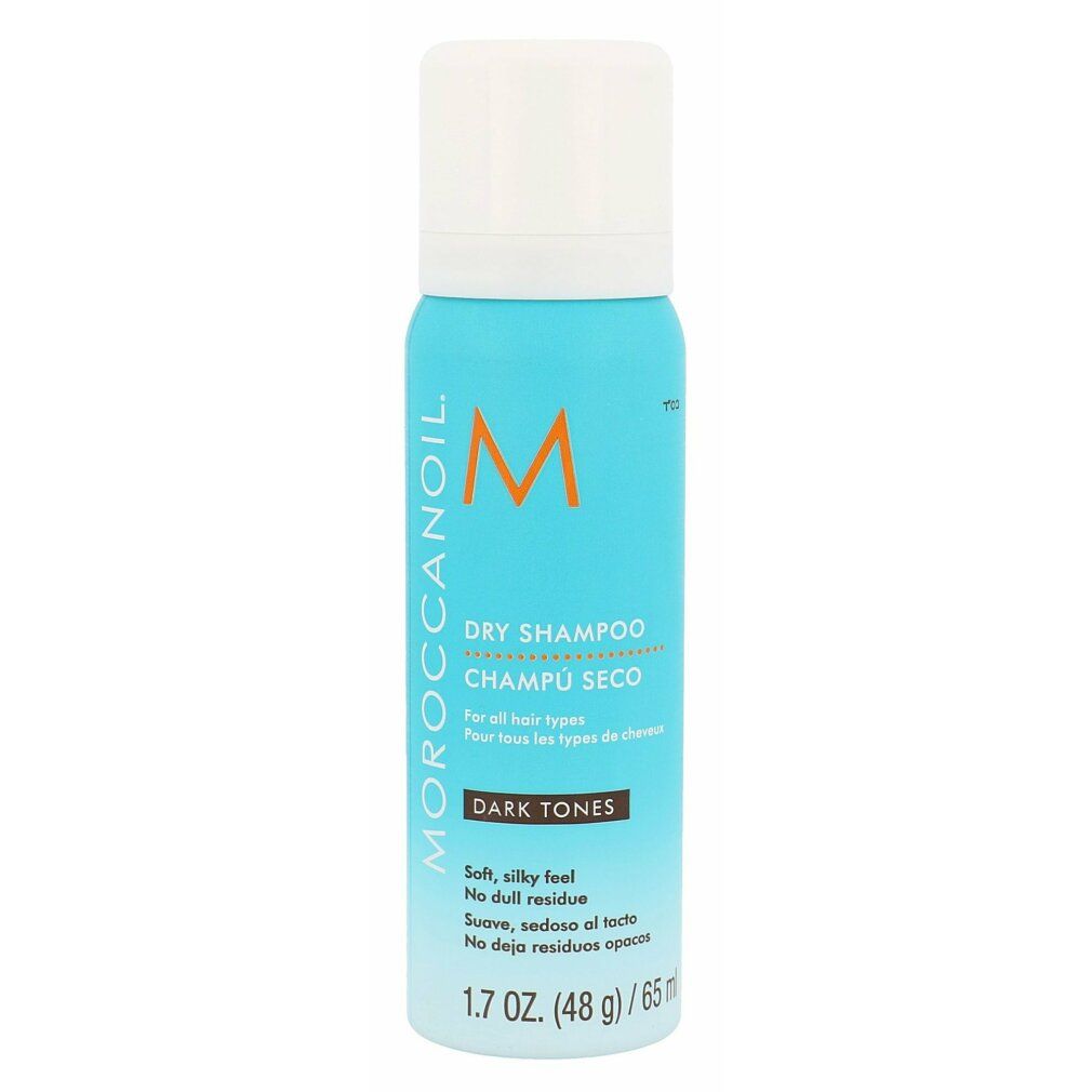 Türkisfarbene Sprühflasche mit weißem Deckel. Aufschrift: Dry Shampoo, Dark Tones. Marke: Moroccanoil. Inhalt: 1.7 oz (48 g) / 65 ml.