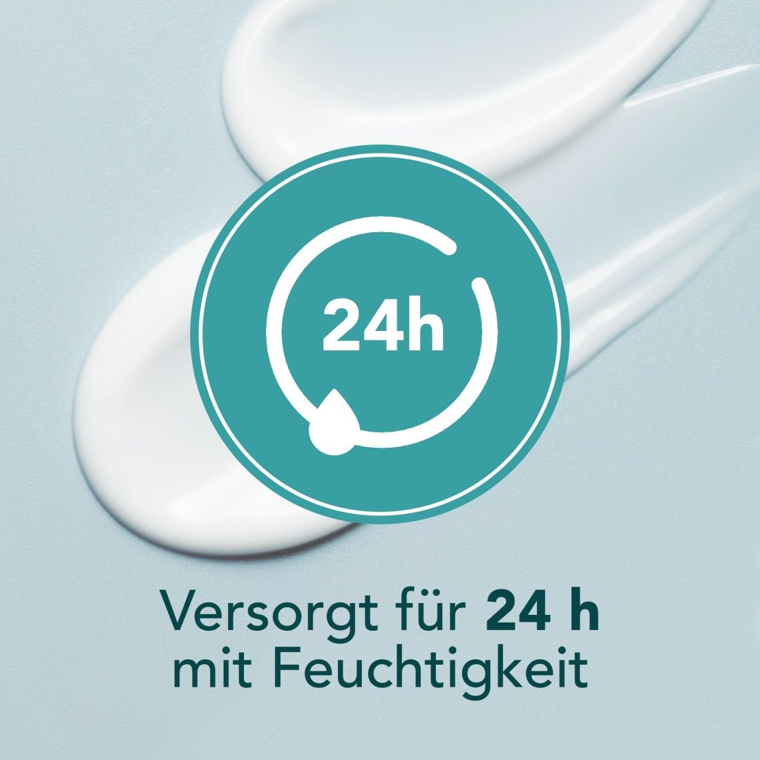 Zwei weiße Creme-Streifen mit einem blauen Kreis. Text: Versorgt für 24 h mit Feuchtigkeit.