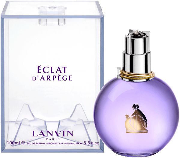 Runder, violetter Flakon mit silbernem Zerstäuber und goldenem Ring. Aufschrift ÉCLAT D'ARPÈGE und LANVIN PARIS.