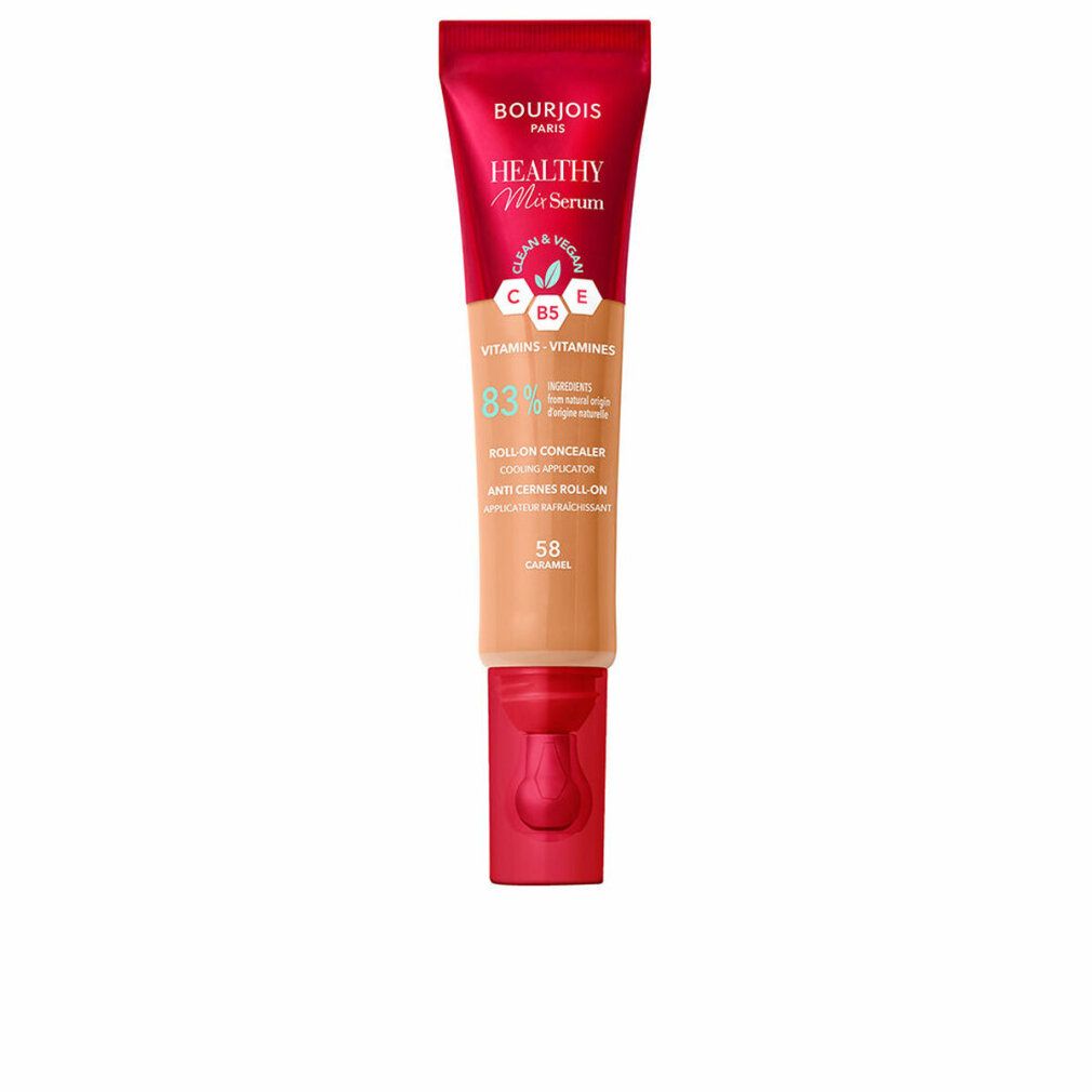 Rote Tube mit flüssigem Abdeckstift. Aufschrift: Bourjois Paris, Healthy Mix Serum. Farbton 58-Karamell. Mit Roll-on Applikator.