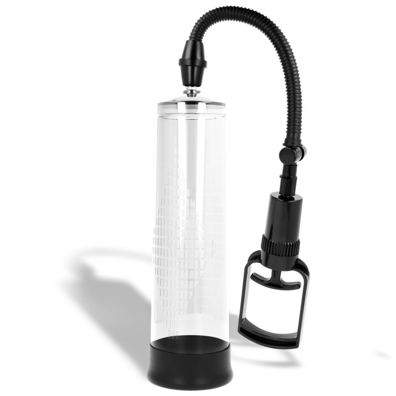 Transparente Pumpe mit schwarzem Griff und Schlauch. Schwarzer Sockel. Keine Verpackung.