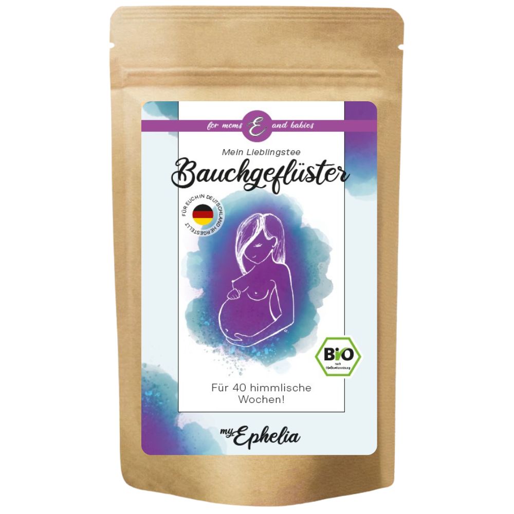 Braune Papiertüte mit Aufdruck. Etikett mit Illustration einer schwangeren Frau. Bio-Siegel. Text: Mein Lieblingstee Bauchgefühl.