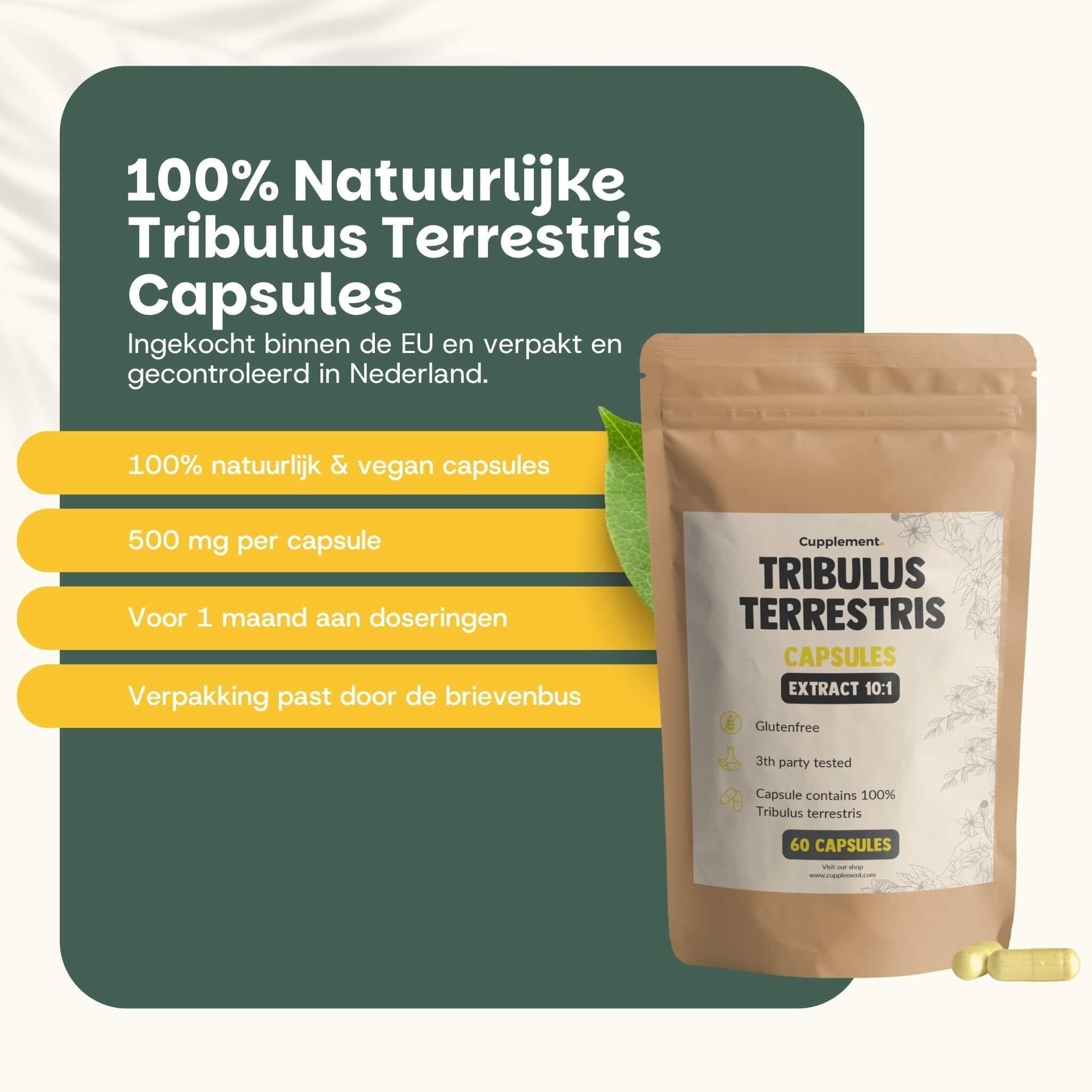 Braune Papiertüte mit Tribulus Terrestris Kapseln, 60 Stück. Enthält 500 mg pro Kapsel. Natürliche und vegane Kapseln.