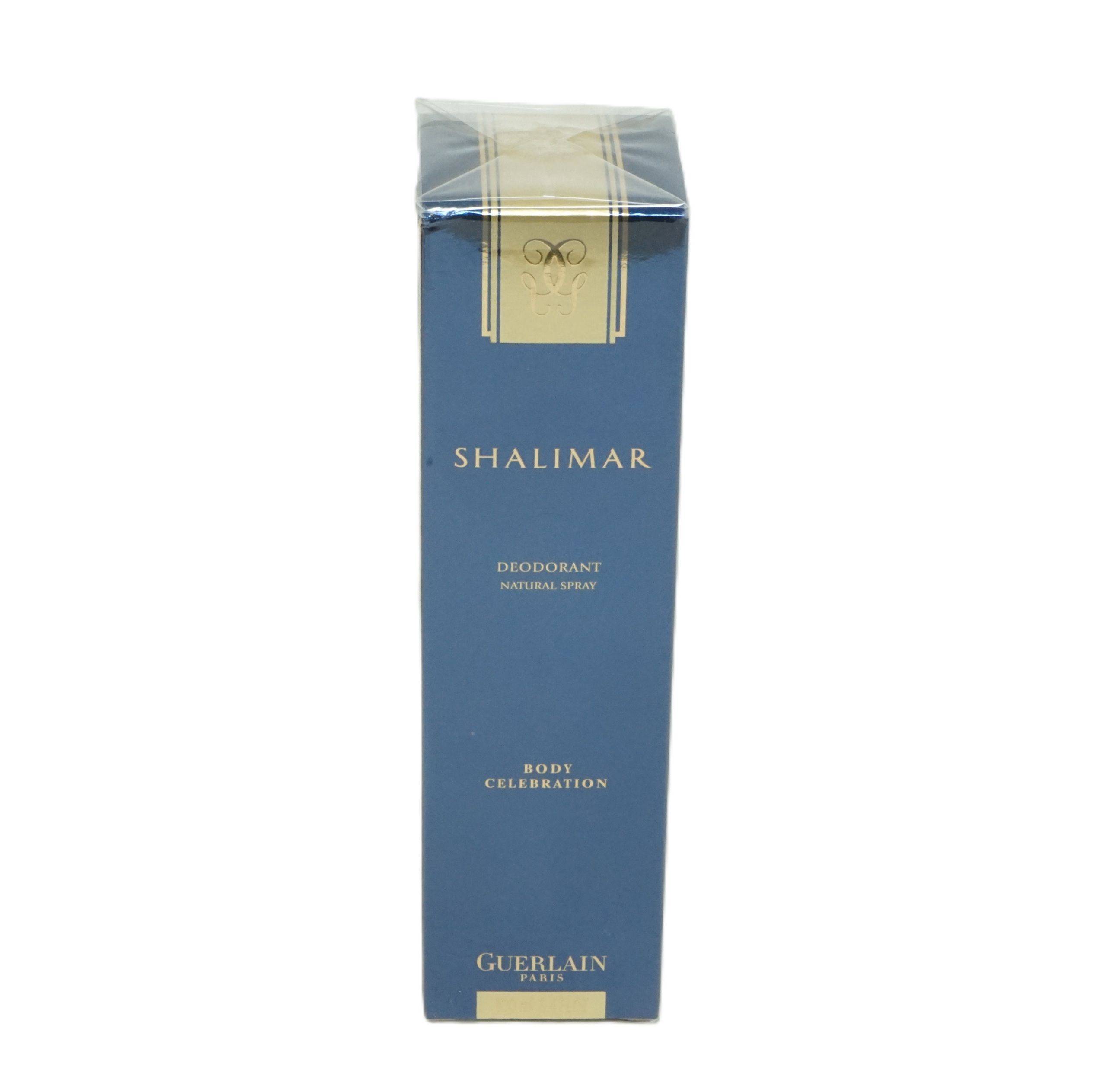 Blaue, rechteckige Verpackung. Text: Shalimar, Deodorant, Body Celebration. Logo Guerlain Paris.