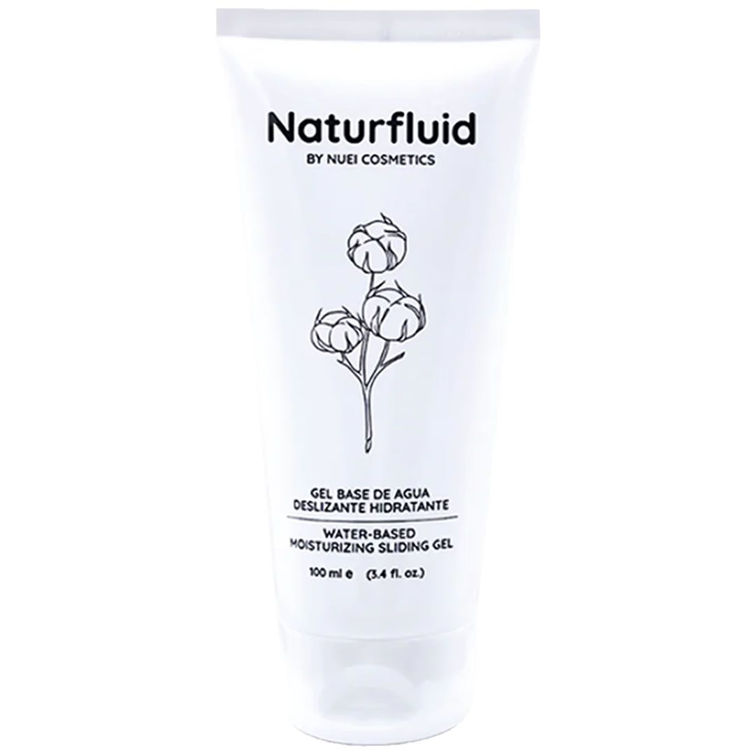 Weiße Tube mit Produktnamen Naturfluid und floraler Illustration. Text: Gel base de agua, Water-Based Moisturizing Sliding Gel.