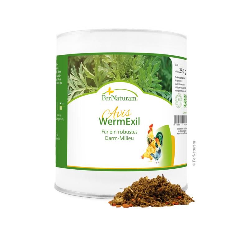 Weißes Gefäß mit "Avis WermExil"-Aufdruck. Grünpflanze und Hühner-Illustration. 250g-Angabe. Haufen von braunem Produkt davor.