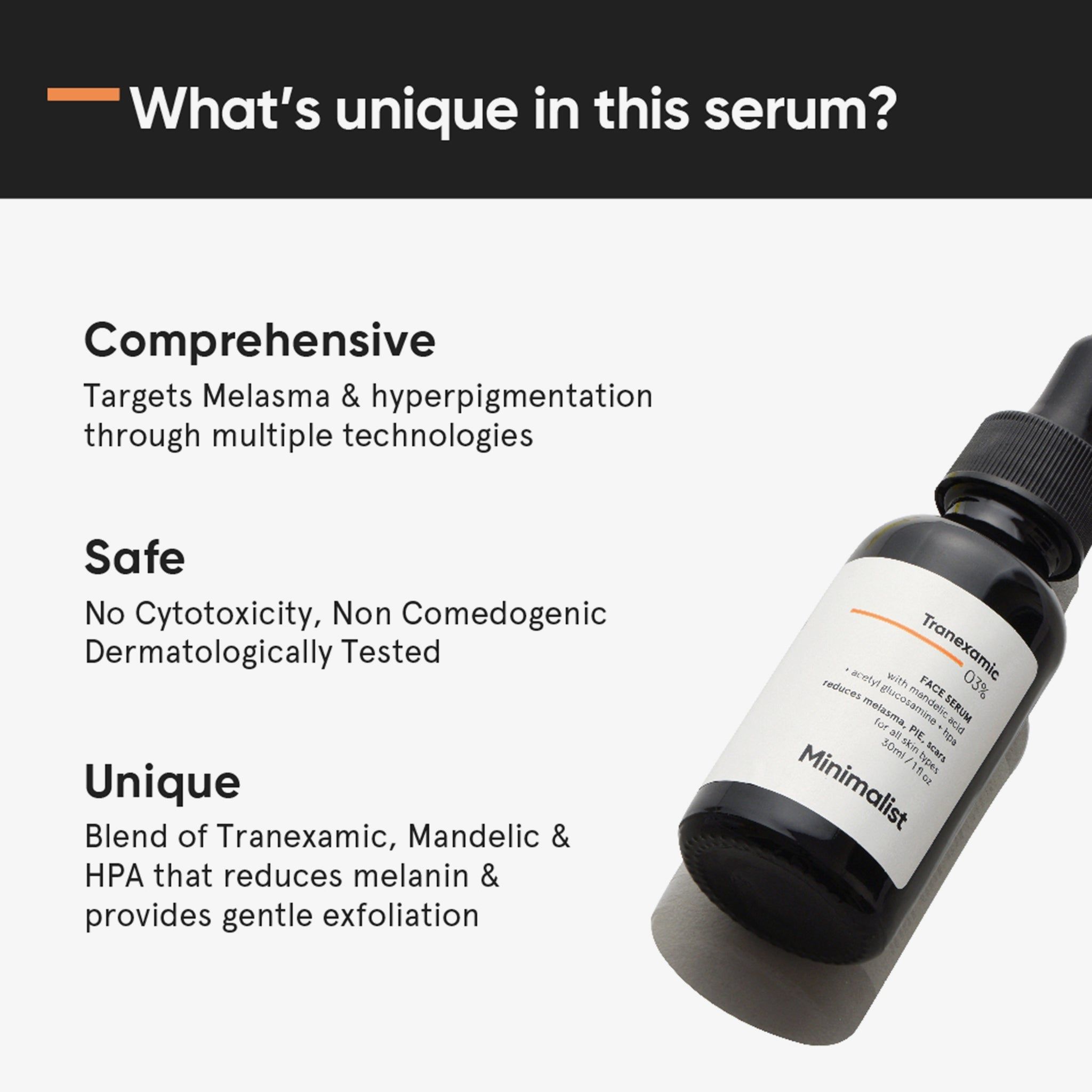 Serumflasche mit Pipette, schräg von oben. Text: Tranexamsäure 03%, Minimalist. Text über Eigenschaften des Serums.
