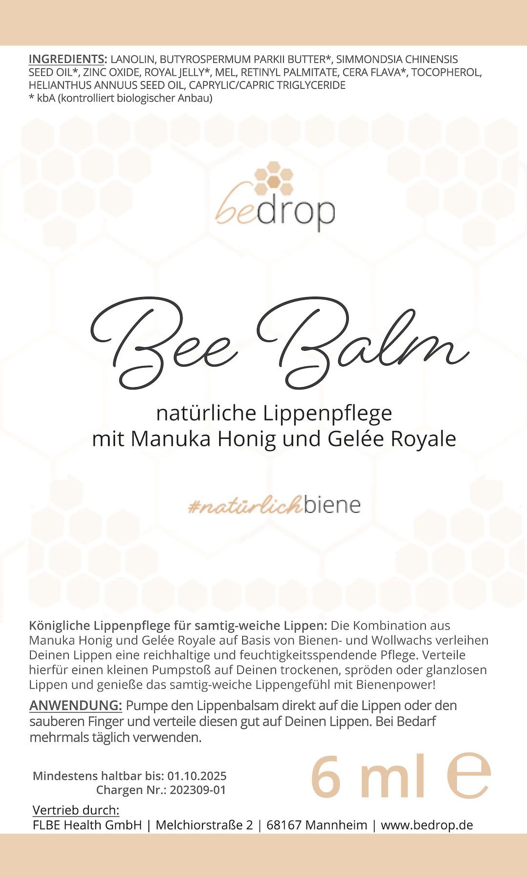 bedrop: Bee Balm - natürlicher Lippenpflegebalsam mit Manuka Honig, Gelée Royale & Retinol