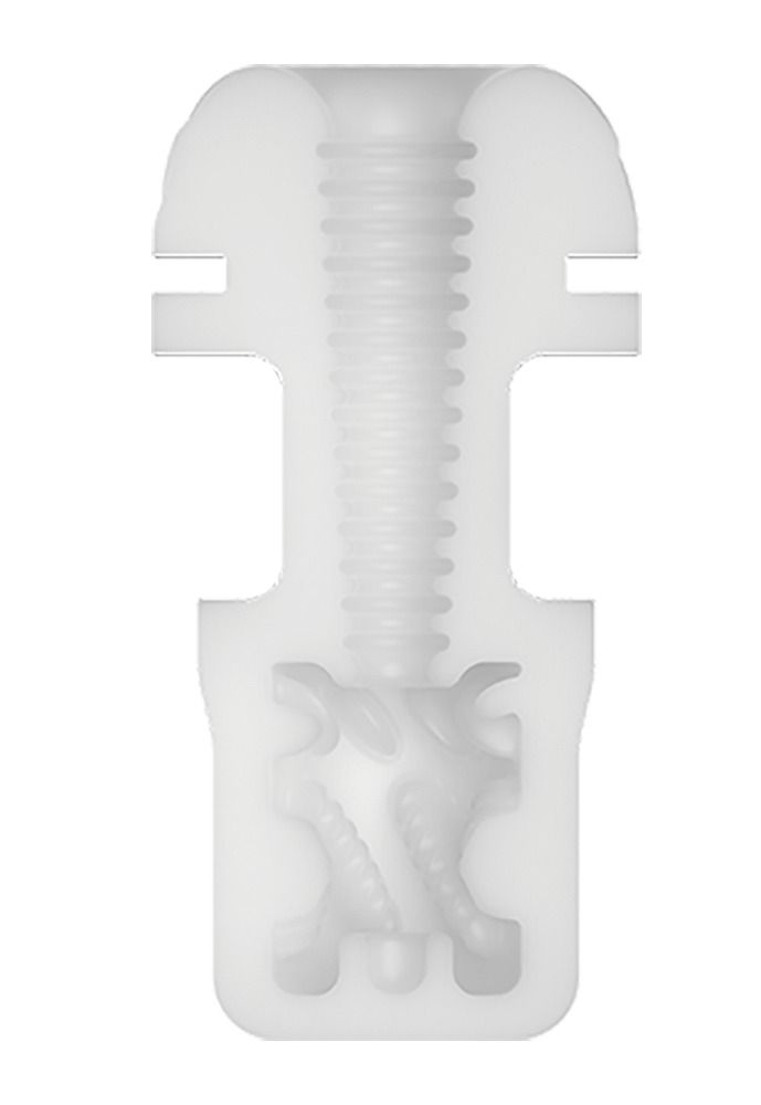Durchsichtiges, weißes Produkt mit Schraubgewinde und inneren Strukturen. Gezeigt im Querschnitt.
